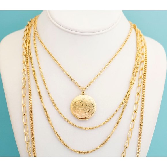 Vintage Layered Golden Locket Necklace - 18 inch - L23 - Picture 1 of 4